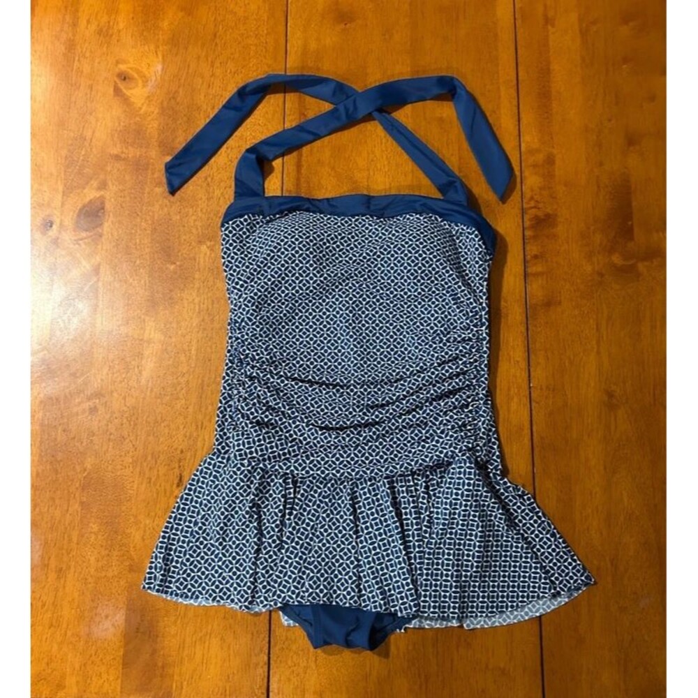 Catalina Blue White Halter One Piece Swimsuit M